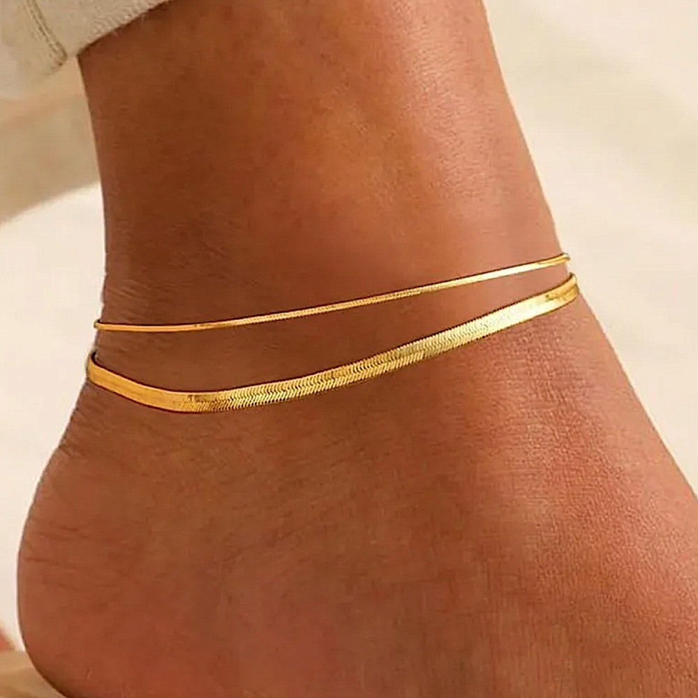 Gold Herringbone Anklet Two Piece Set Stamped 18K Gold Filled